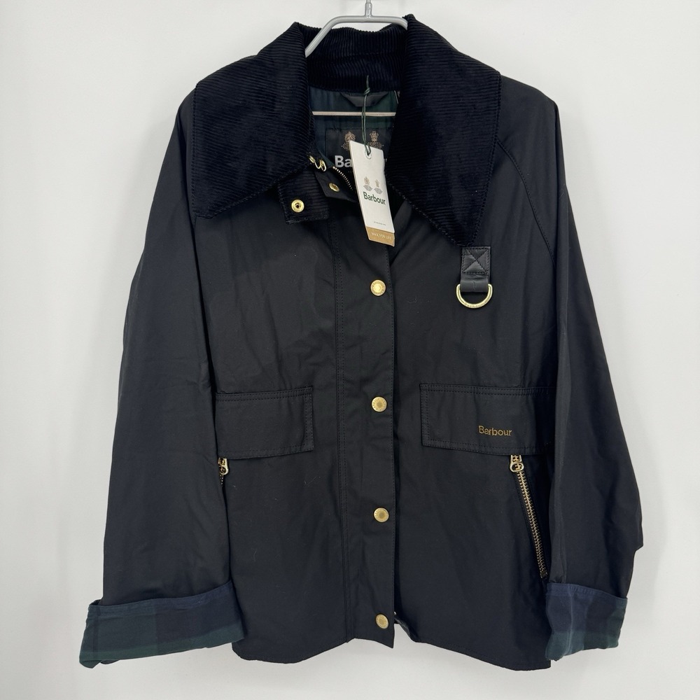 Barbour Catton Waxed Cotton Jacket size 12 UK (16UK) in Black Full Zip Snaps